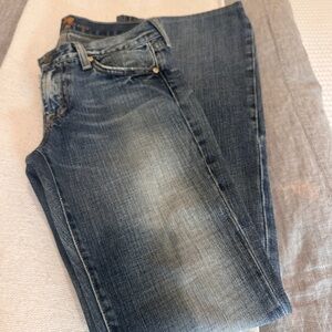 7 For All Mankind Women's Dark Blue Flare Jeans with crystal back pocket detail